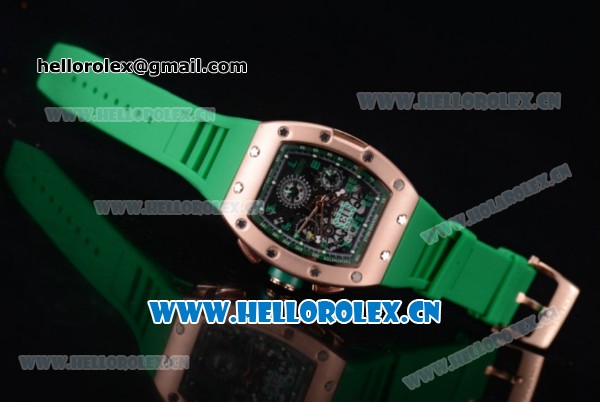 Richard Mille RM011-FM Asia ST25 Automatic Rose Gold Case with Skeleton Dial Arabic Numeral Markers and Green Rubber Strap - Click Image to Close